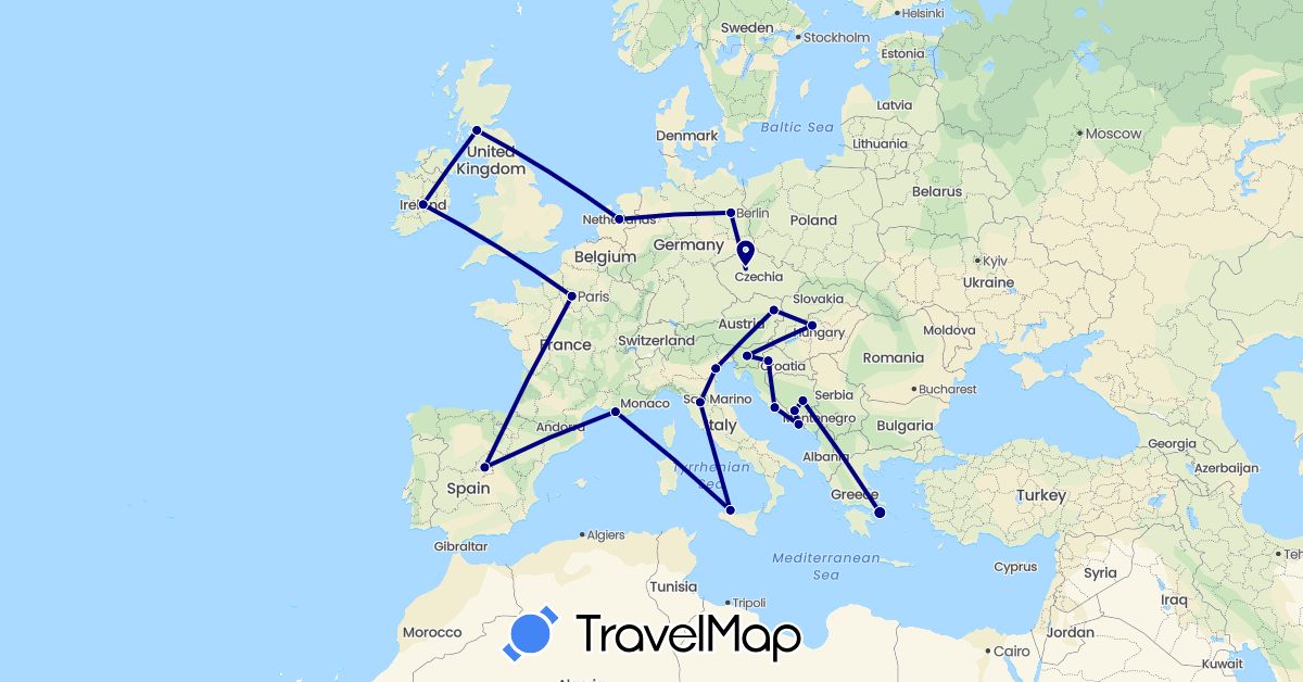 TravelMap itinerary: driving in Austria, Bosnia and Herzegovina, Czech Republic, Germany, Spain, France, United Kingdom, Greece, Croatia, Hungary, Ireland, Italy, Netherlands, Slovenia (Europe)